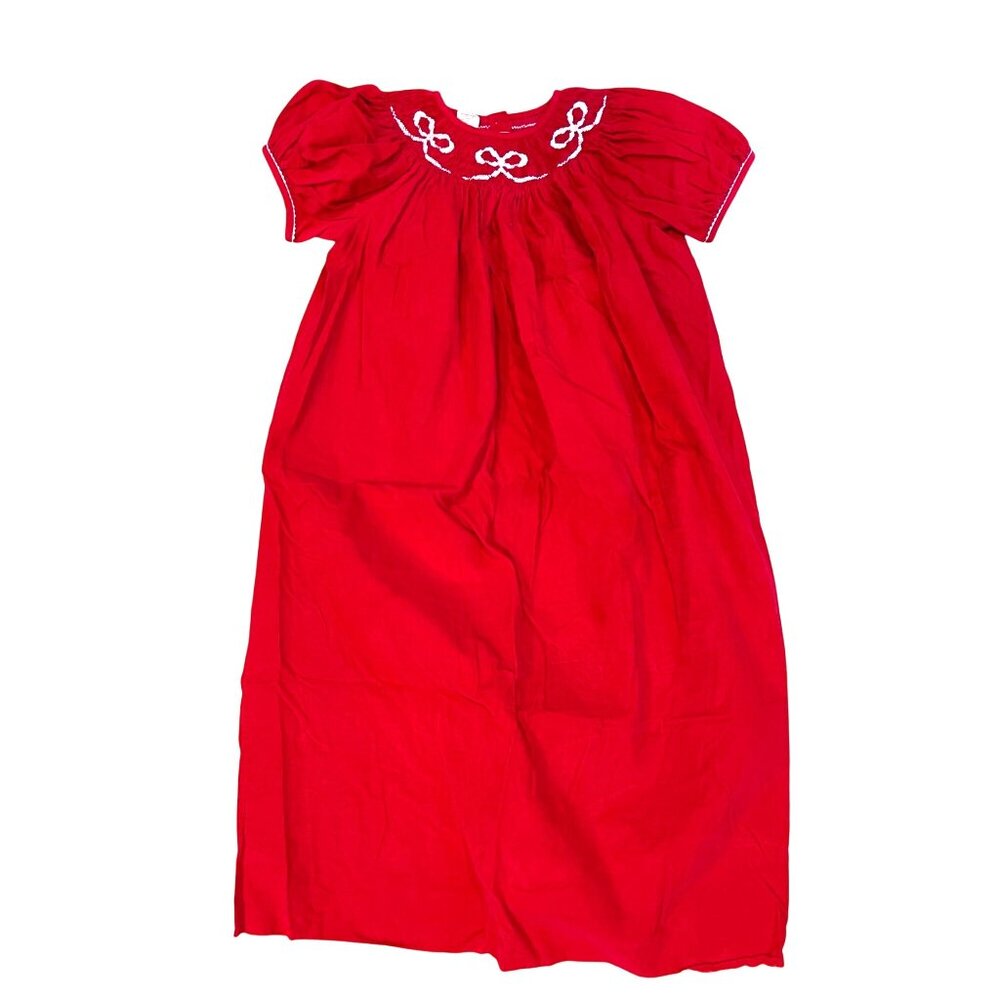 Vintage Amanda Remembered Smocked Bow Dress Girls Size 6X Red Corduroy Cotton